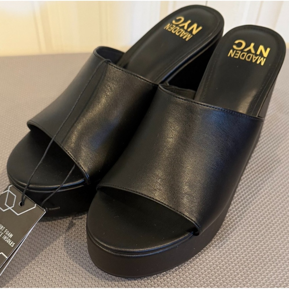 Madden NYC Women's Boho Wedge Sandals Size 8 Black Platform Slide NWT